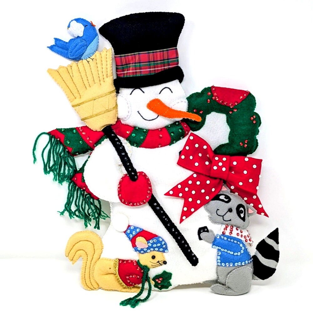 Vtg Snowman Woodland Friends Felt Sequins Wall Hanging | Design Works, COMPLETED